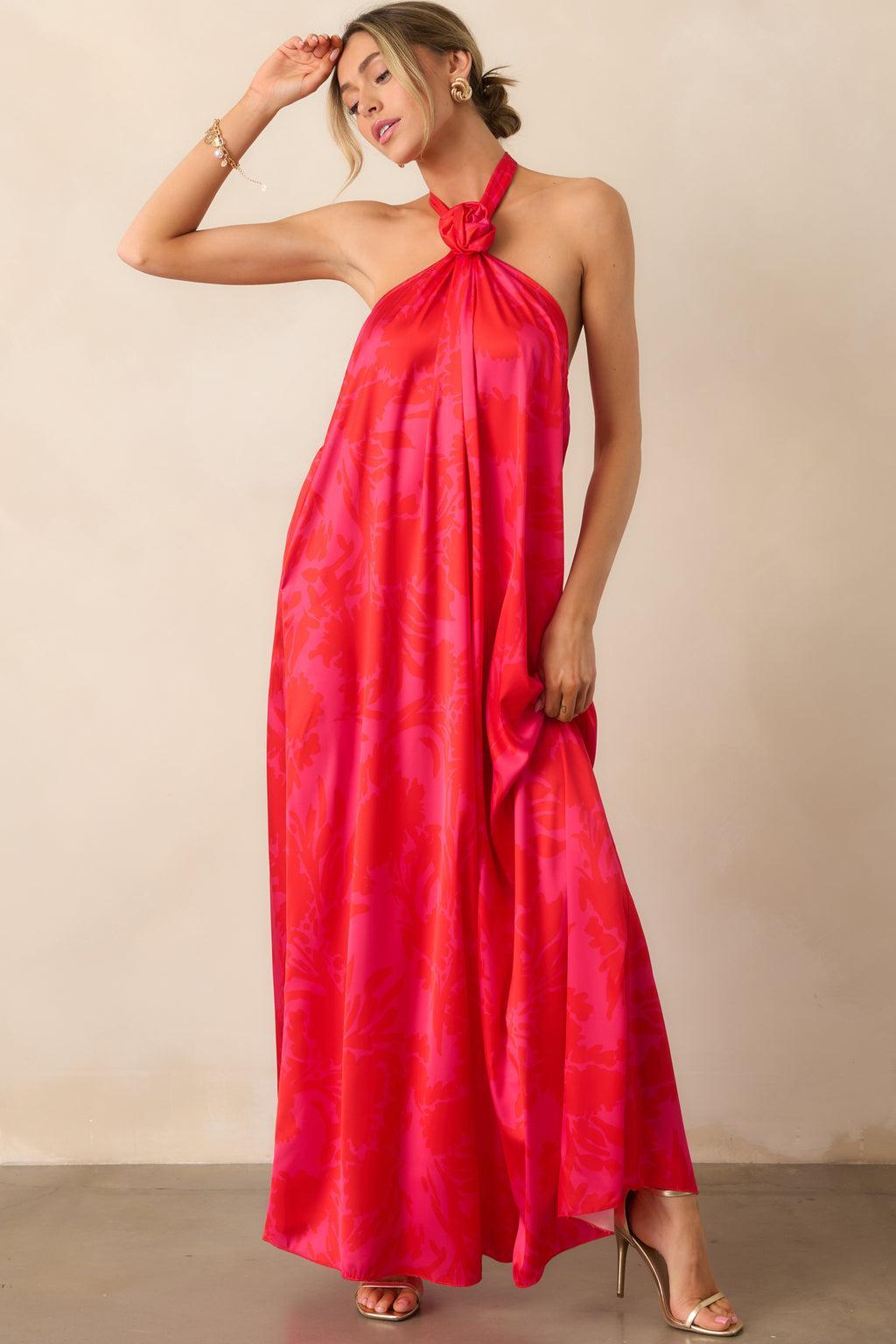 Everything You Need Red Floral Satin Halter Maxi Dress Product Image
