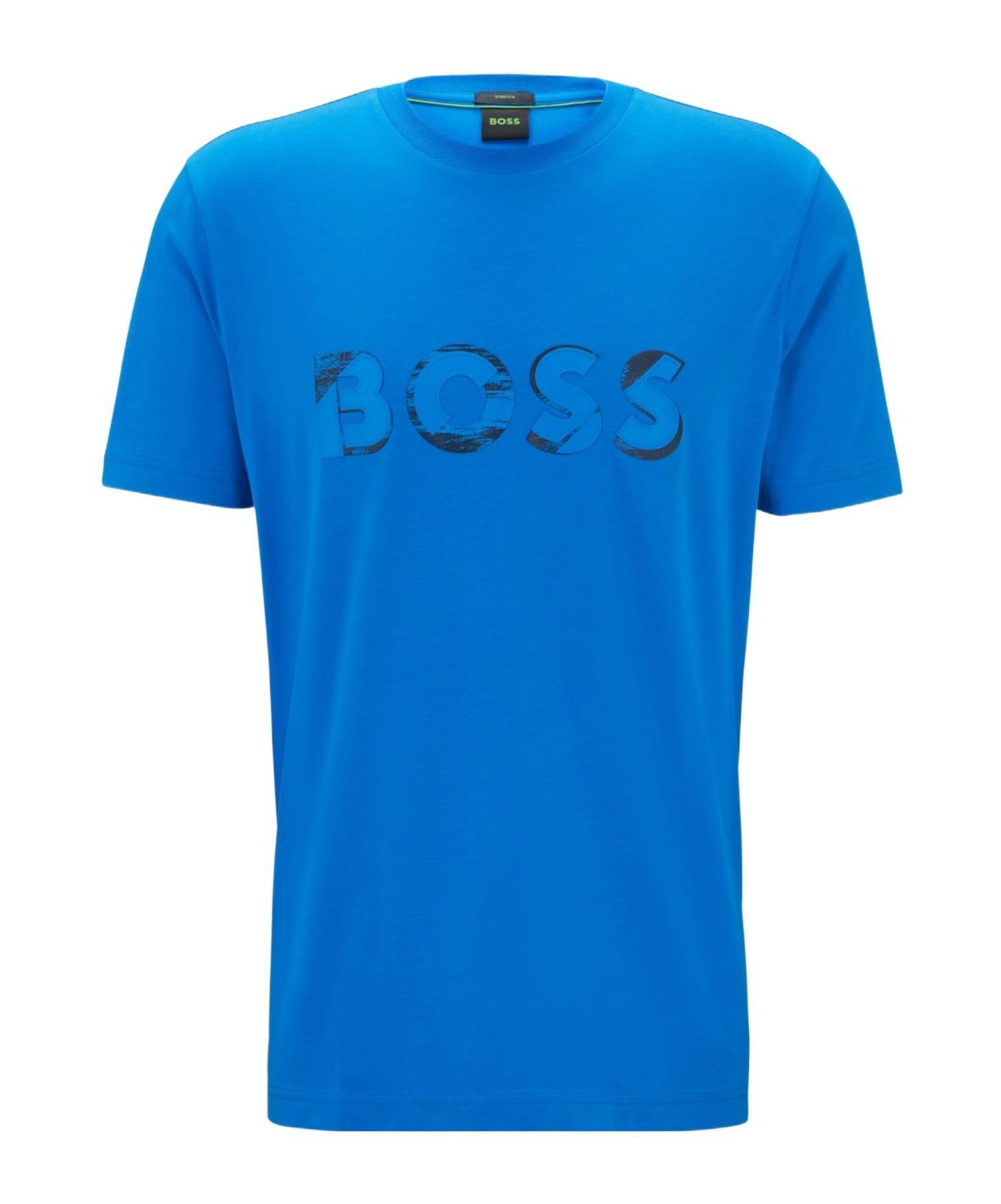 HUGO BOSS Stretch-cotton Short-sleeved T-shirt With Logo Artwork In Light Blue Product Image
