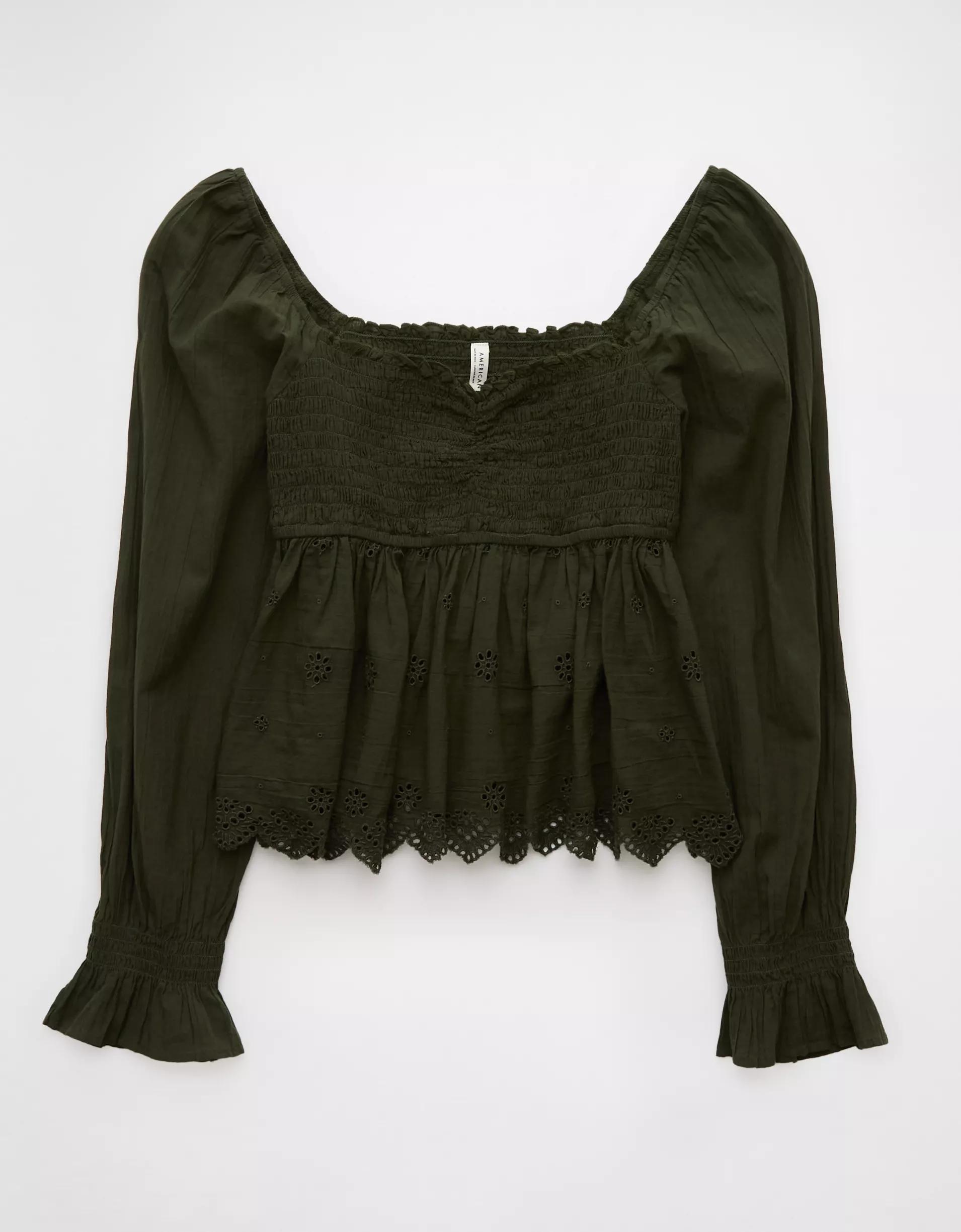 AE Long-Sleeve Smocked Babydoll Blouse Product Image