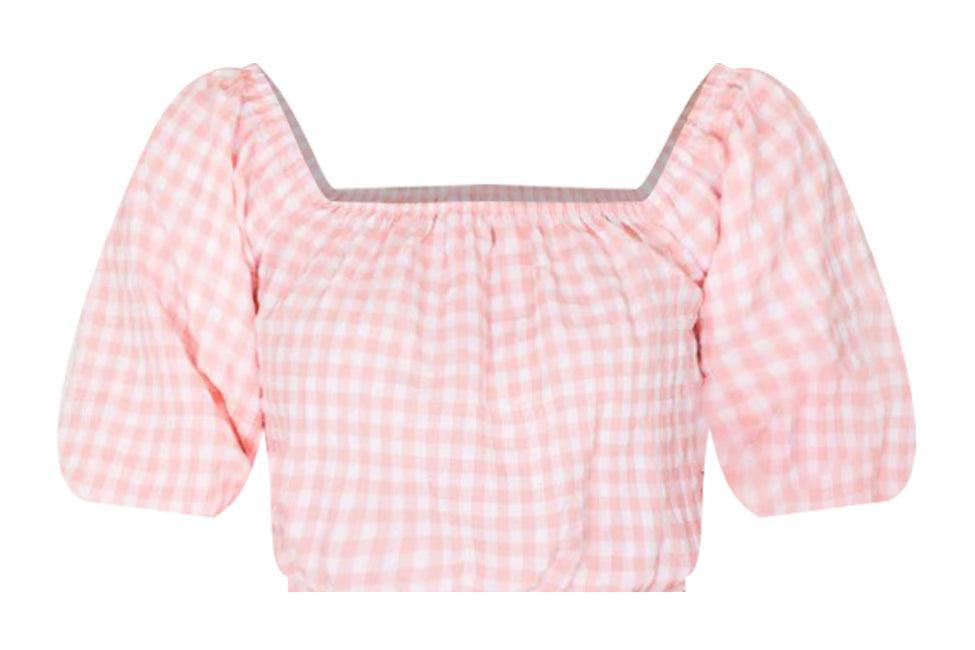 Hopeless Romantic Pink Gingham Off The Shoulder Cropped Blouse FINAL SALE Product Image