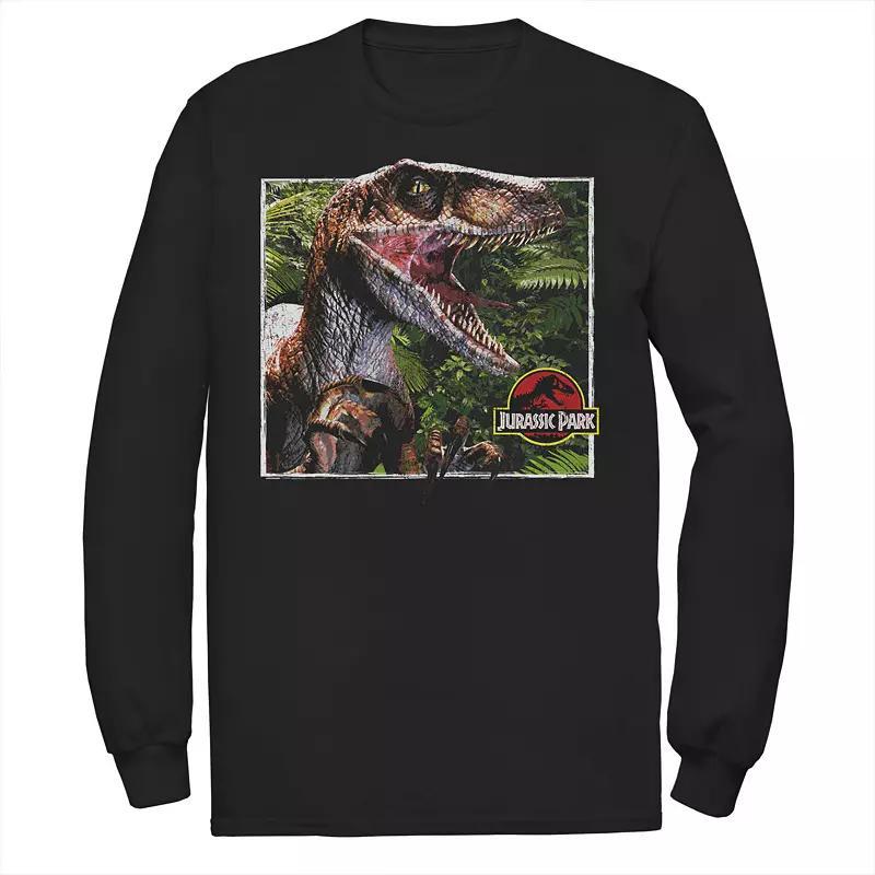 Men's Jurassic Park Raptor Coming Out Of Forest Long Sleeve Tee, Size: XXL, Blue Product Image