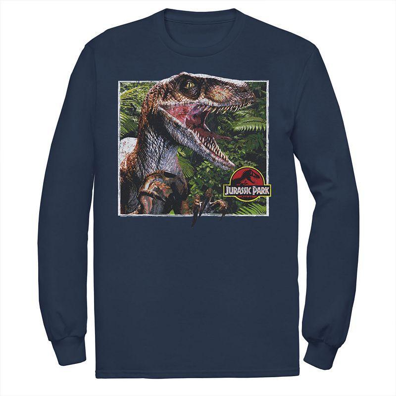 Men's Jurassic Park Raptor Coming Out Of Forest Long Sleeve Tee, Size: XXL, Blue Product Image