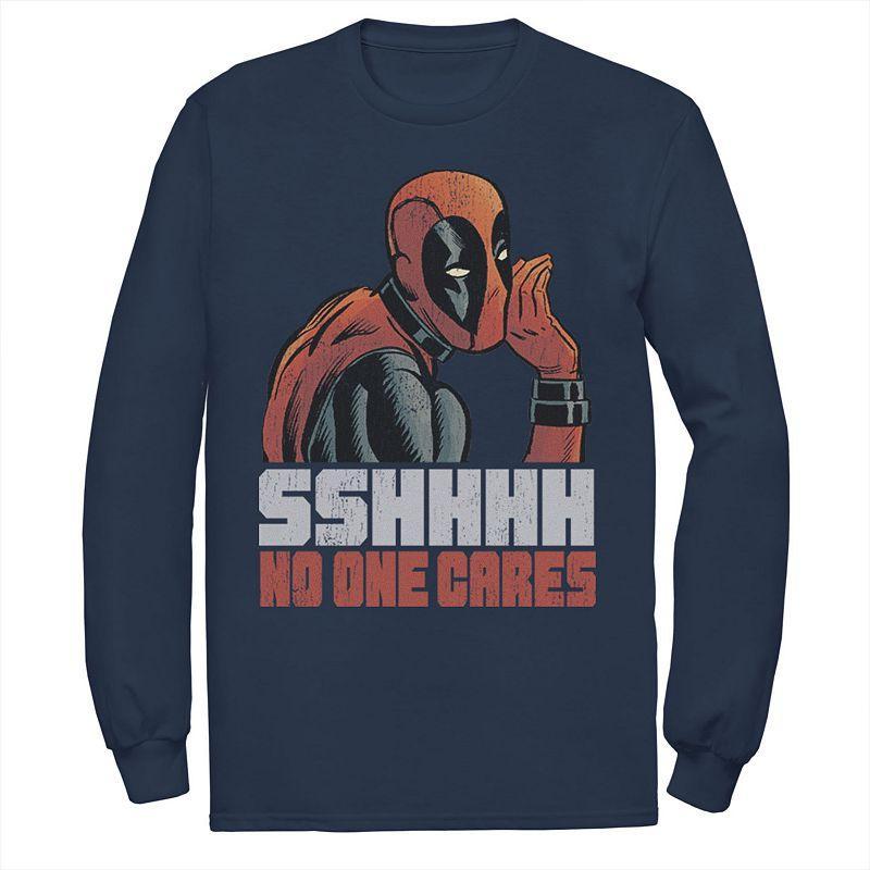 Men's Marvel Deadpool SSHHHH No One Cares Whisper Long Sleeve Graphic Tee, Size: Small, Blue Product Image