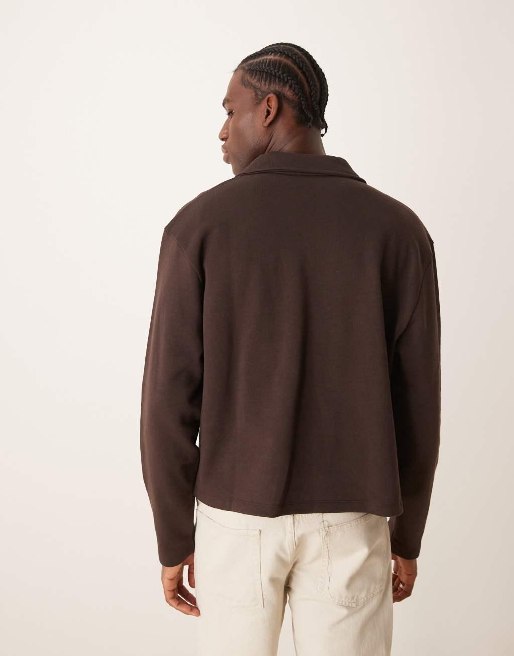 ASOS DESIGN boxy oversized smart polo sweatshirt in brown Product Image