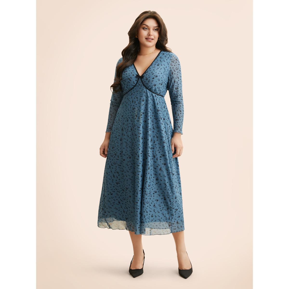 Plus Size Ditsy Floral Bowknot Patchwork Mesh Dress Cerulean Women Elegant Woven ribbon&lace trim V-neck Long Sleeve Curvy BloomChic 26/4X Product Image