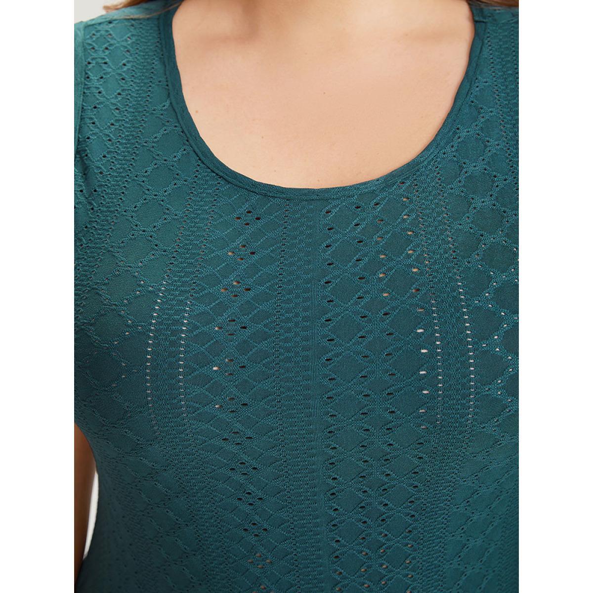 Plus Size Plain Patchwork Broderie Anglaise Tank Bodysuit Women Cyan Plain Broderie anglaise Bodysuits BloomChic 10/M Product Image