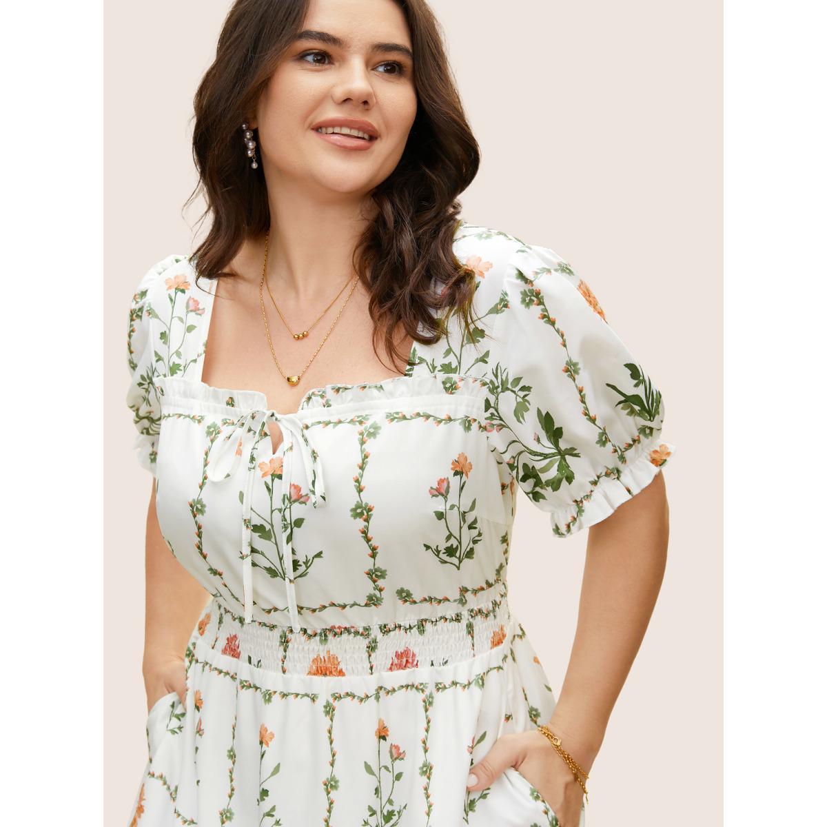 Plus Size Boho Print Tie Knot Shirred Lantern Sleeve Dress Originalwhite Women Elegant Square Neck Short sleeve Curvy BloomChic 26/4X Product Image