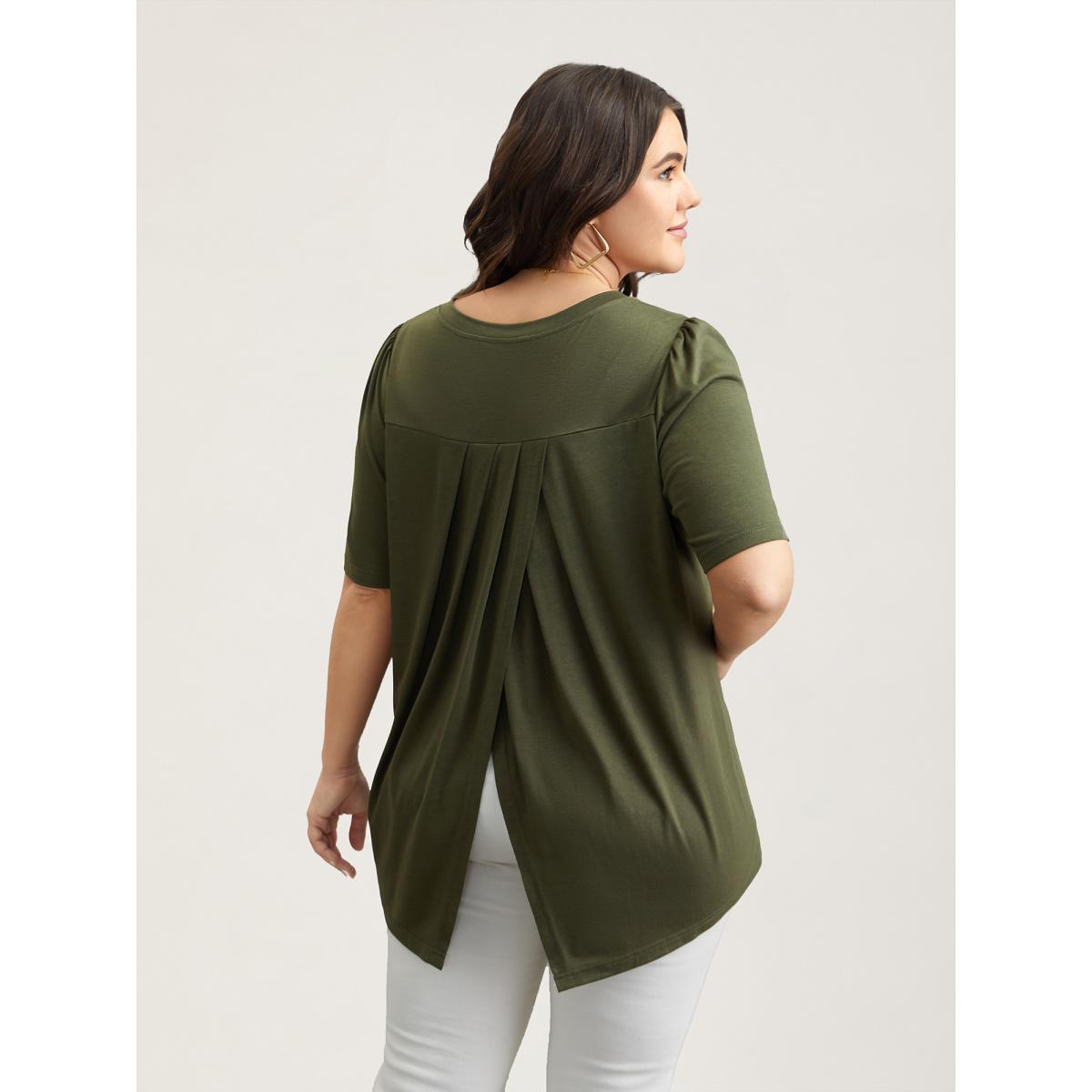 Plus Size Back Pleats V-Neck Split T-Shirt ArmyGreen Women Casual Overlapping V-neck Everyday T-shirts BloomChic 12/L Product Image