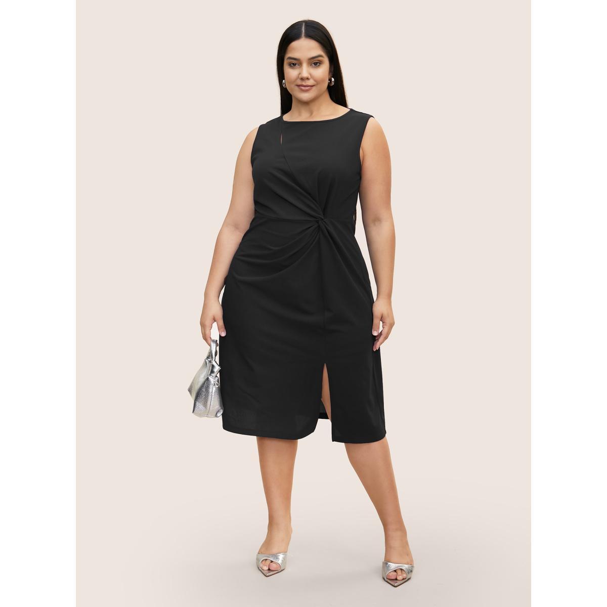 Plus Size Plain Twist Front Slit Hem Dress Navy Women At the Office Twist Round Neck Sleeveless Curvy BloomChic 10/M Product Image