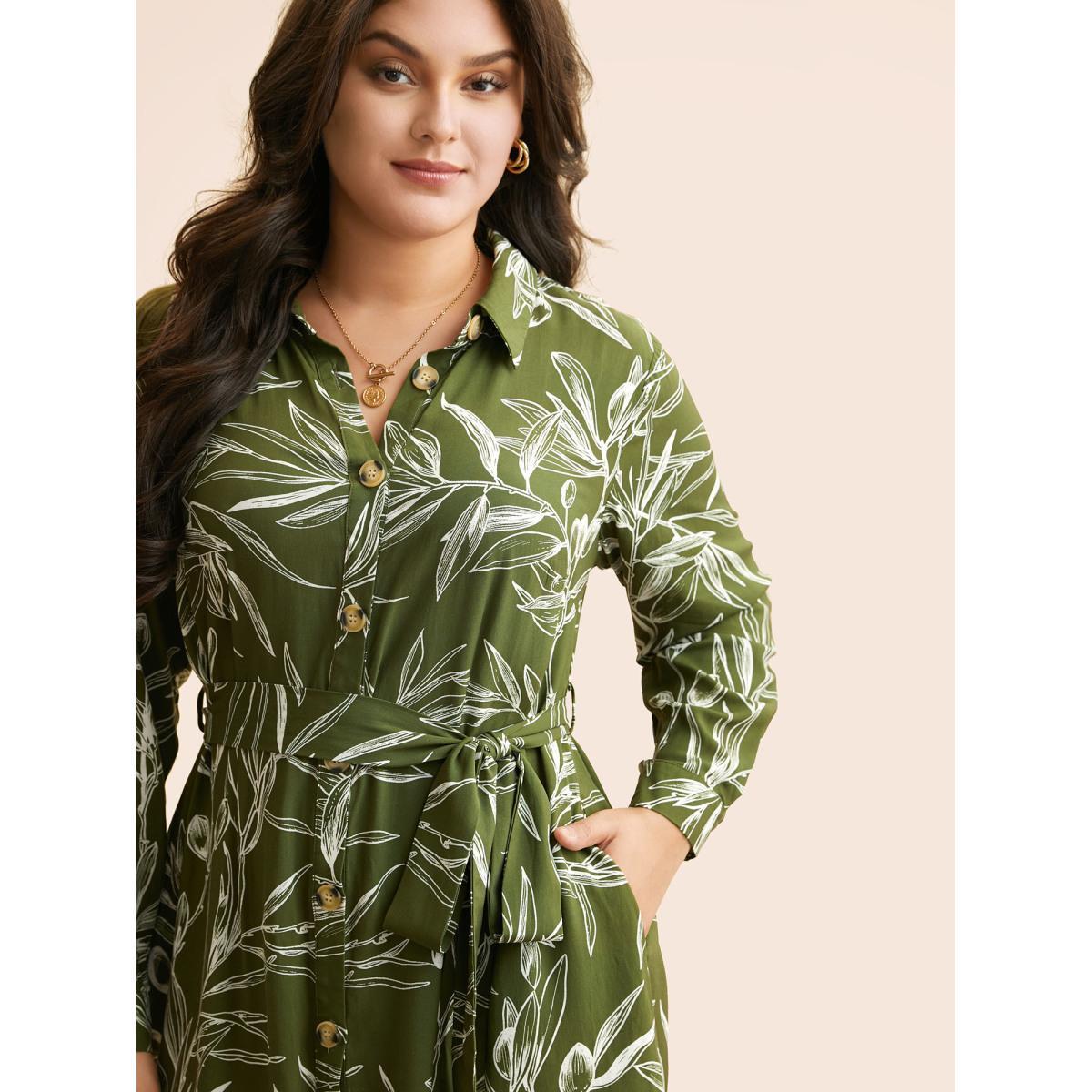 Plus Size Shirt Collar Plants Print Belted Dress Olive Women Casual Shirt collar Long Sleeve Curvy BloomChic 12/L Product Image