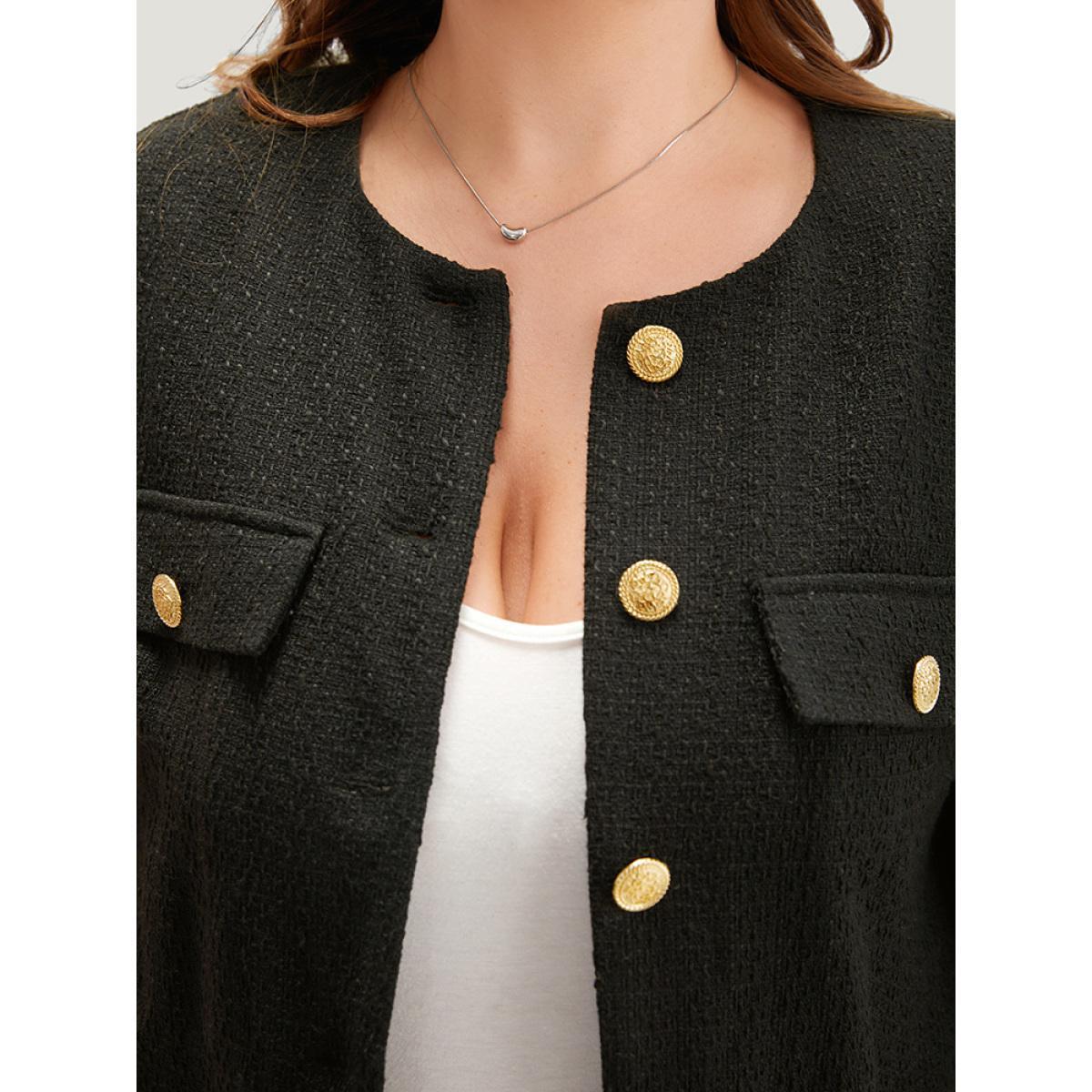 Plus Size Plain Tweed Texture Buckle Detail Blazer Women Black Texture Work Jackets BloomChic 14-16/1X Product Image