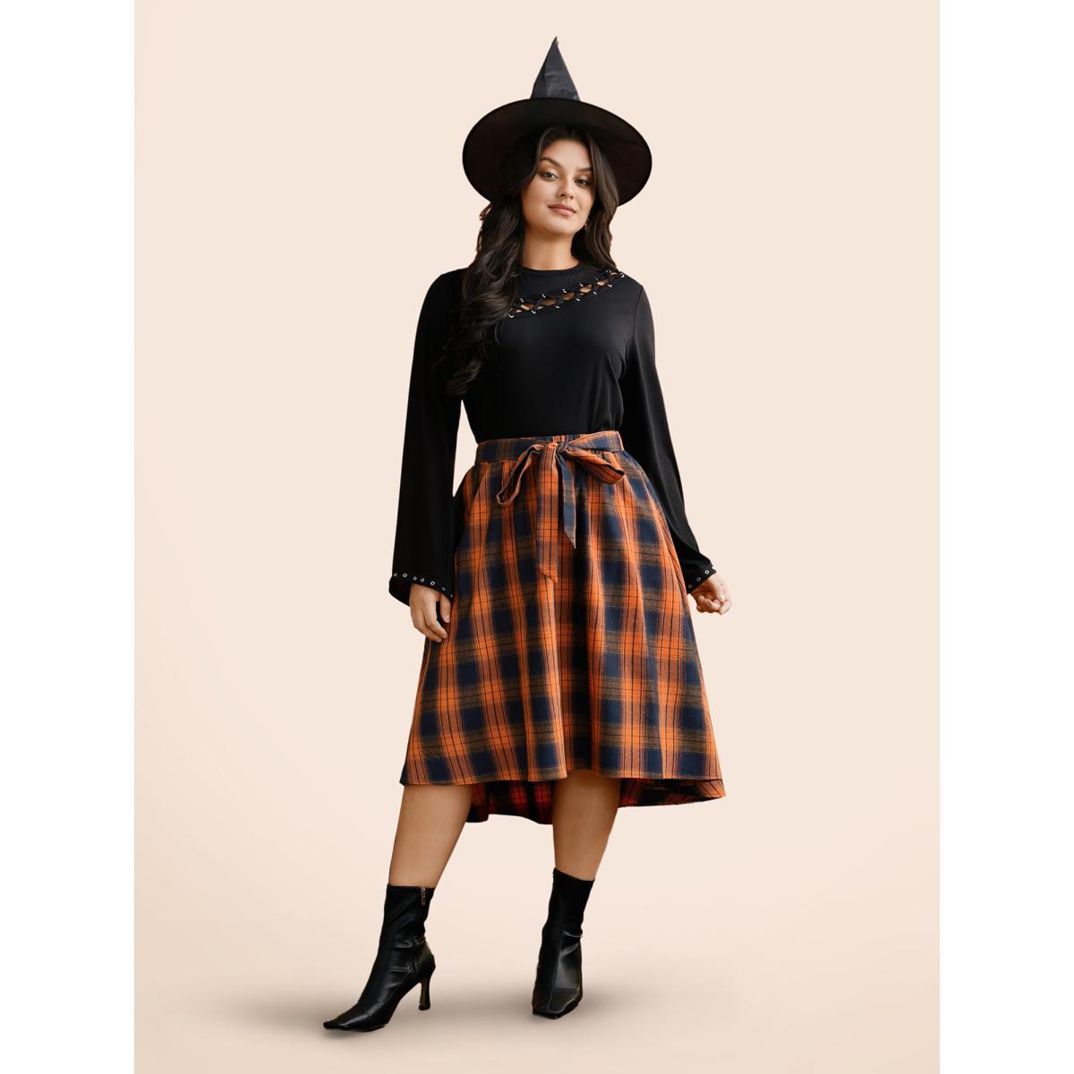 Plus Size Plaid Waist Tie A-Line Skirt Women Brightorange Elegant Tie knot No stretch Slanted pocket Belt Everyday Skirts BloomChic 30/6X Product Image