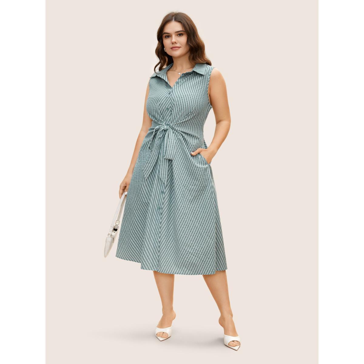 Plus Size Shirt Collar Striped Midi Tank Dress Palemauve Women At the Office Tie knot Shirt collar Sleeveless Curvy BloomChic 18-20/2X Product Image