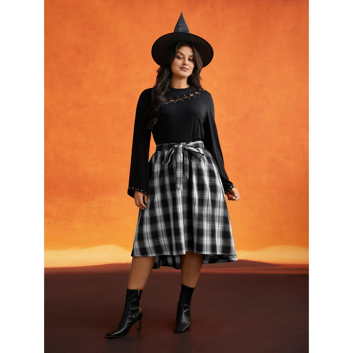 Plus Size Plaid Waist Tie A-Line Skirt Women Black Elegant Tie knot No stretch Slanted pocket Belt Everyday Skirts BloomChic 12/L Product Image