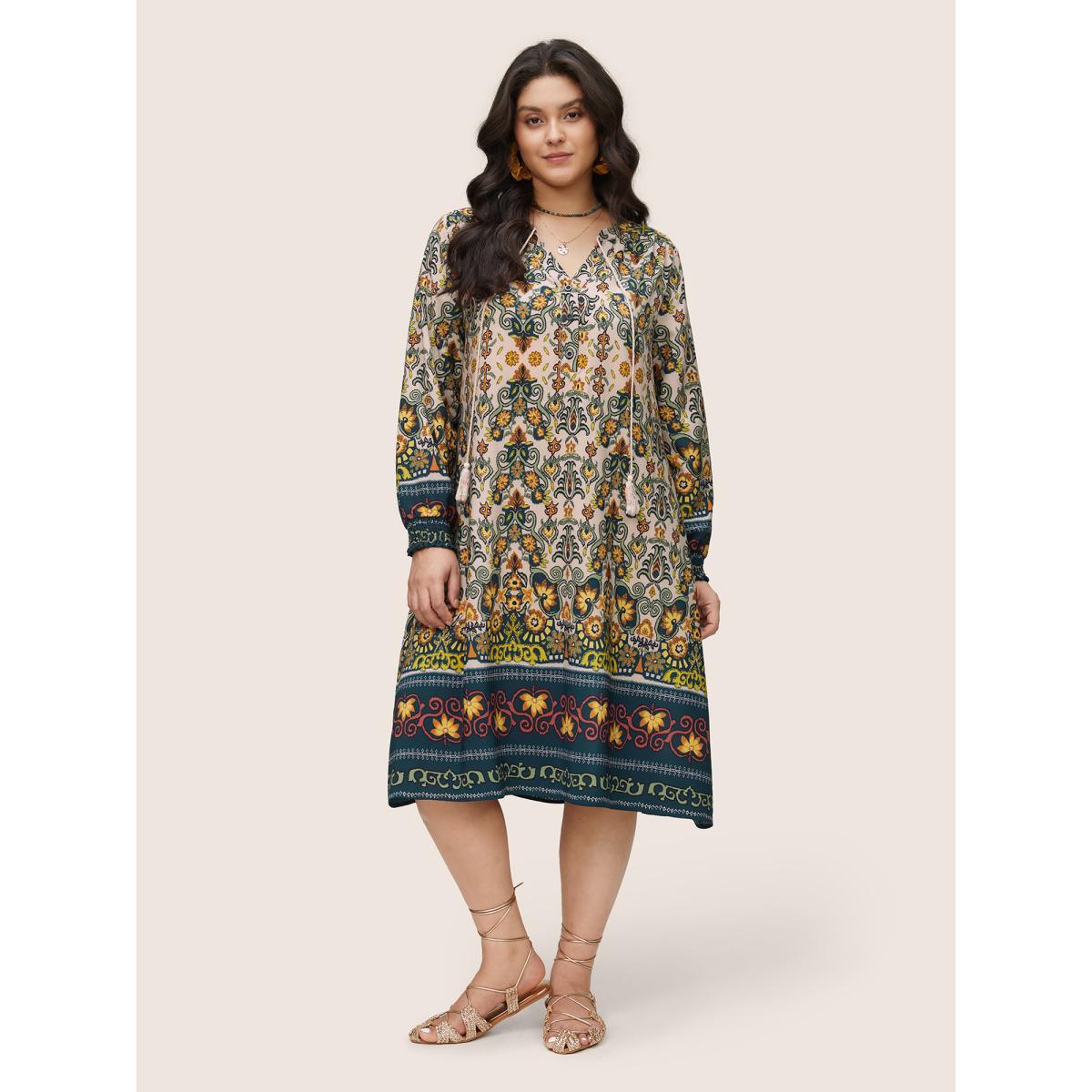 Plus Size Bandana Print Tassels Ties Shirred Cuffs Dress DarkGreen Women Vacation Tassels Tie Neck Long Sleeve Curvy Midi Dress BloomChic 30/6X Product Image