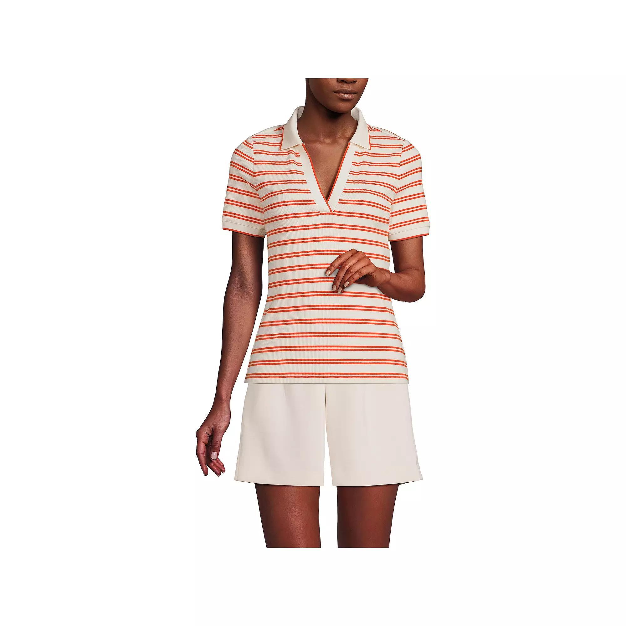 Women's Lands' End V-Neck Short Sleeve Polo, Size: Large, Ivory Dual Stripe Product Image