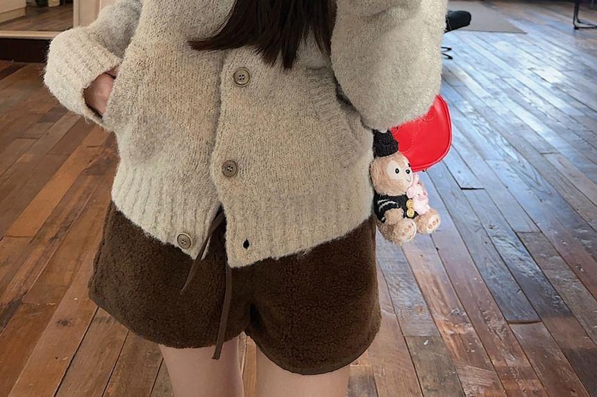Embroidered Button-Up Cardigan / Fleece Shorts Product Image