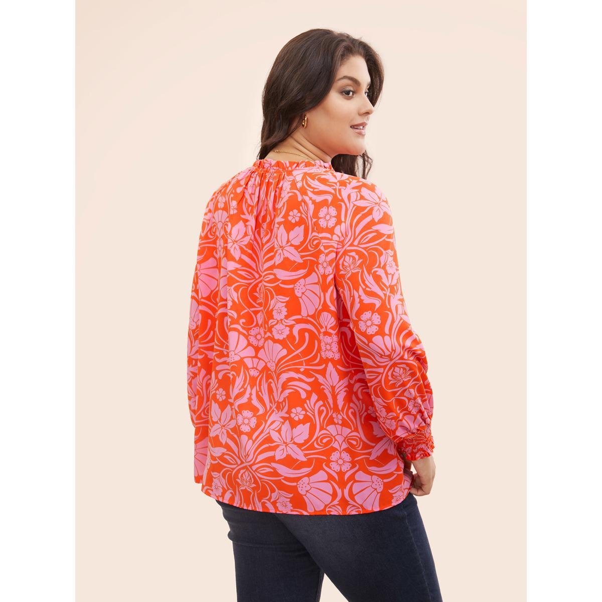 Plus Size Rosered Floral Shirred Frill Trim Lantern Sleeve Blouse Women Elegant Long Sleeve V-neck Everyday Blouses BloomChic 14-16/1X Product Image