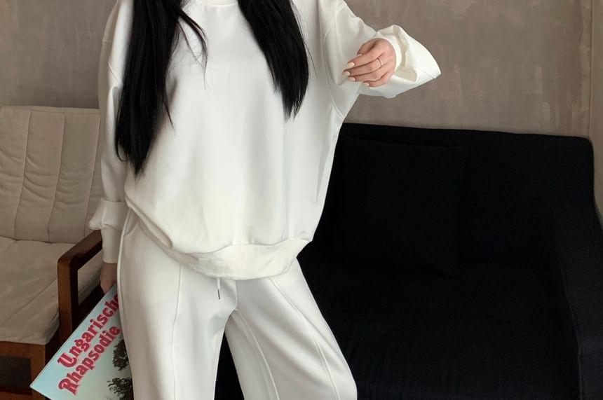 Round Neck Plain Pullover / Drawstring Waist Loose Fit Pants Product Image