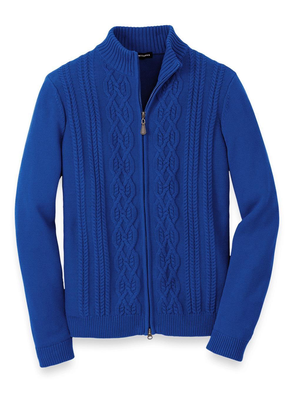 Cotton Cable Full Zip Mock Neck Sweater - Cobalt Product Image