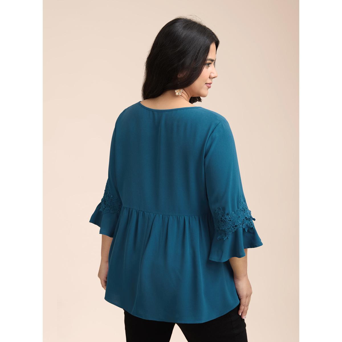 Plus Size Aegean Lace Detail Ruffled Round Neck Blouse Women Elegant Elbow-length sleeve Round Neck Everyday Blouses BloomChic 18-20/2X Product Image