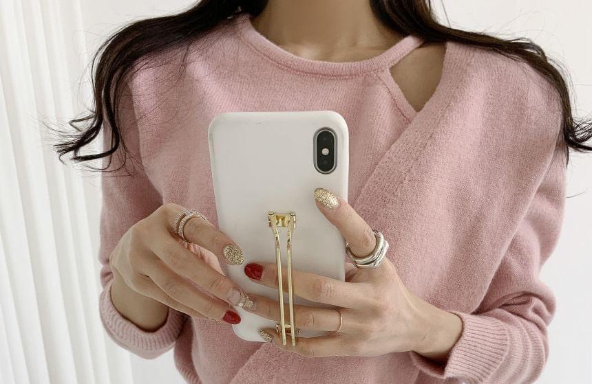 Long Sleeve Crew Neck Plain Button Up Crop Knit Top Product Image
