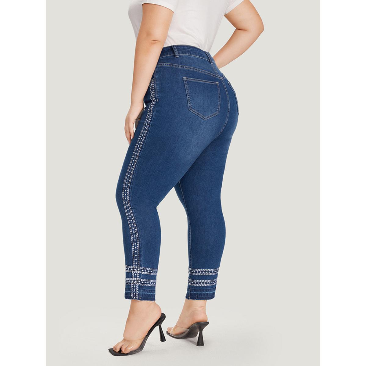 Plus Size Embroidered Raw Edges Zipper Fly Jeans Women Blue Casual Bohemian Print Embroidered High stretch Pocket Jeans BloomChic 28/5X Product Image
