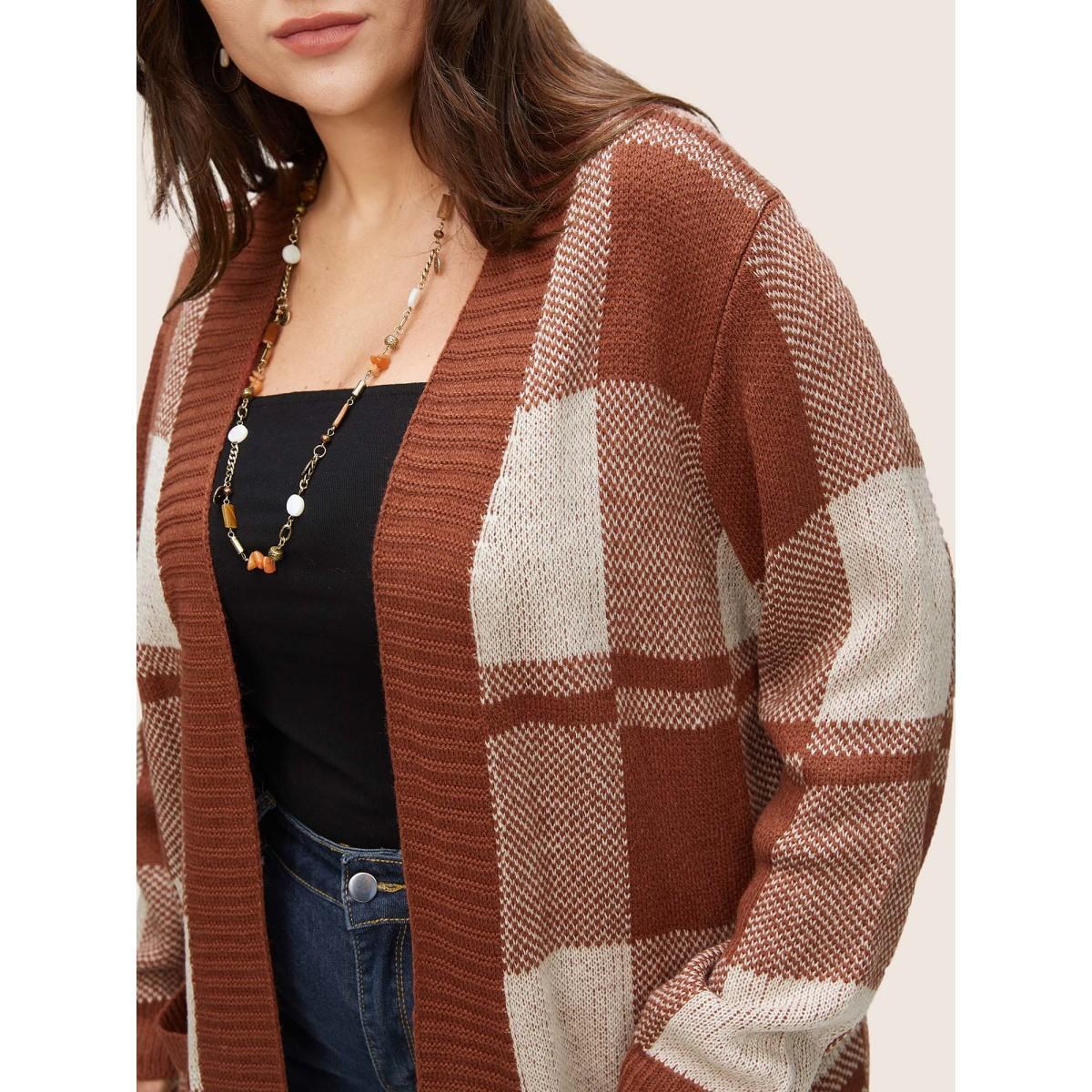 Plus Size Contrast Colorblock Pocket Open Front Cardigan Brown Women Casual Loose Long Sleeve Dailywear Cardigans BloomChic 10/M Product Image