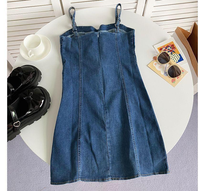 Spaghetti Strap Plain Lace-Up Denim Mini A-Line Dress Product Image
