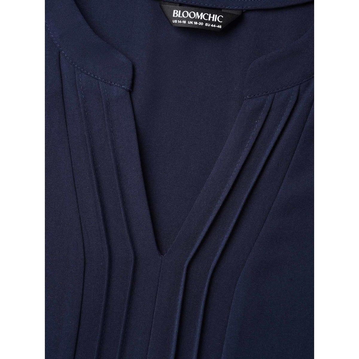 Plus Size Indigo Petal Sleeve Toothpick Pleats Shirt Women At the Office Elbow-length sleeve Notched collar Work Blouses BloomChic 12/L Product Image