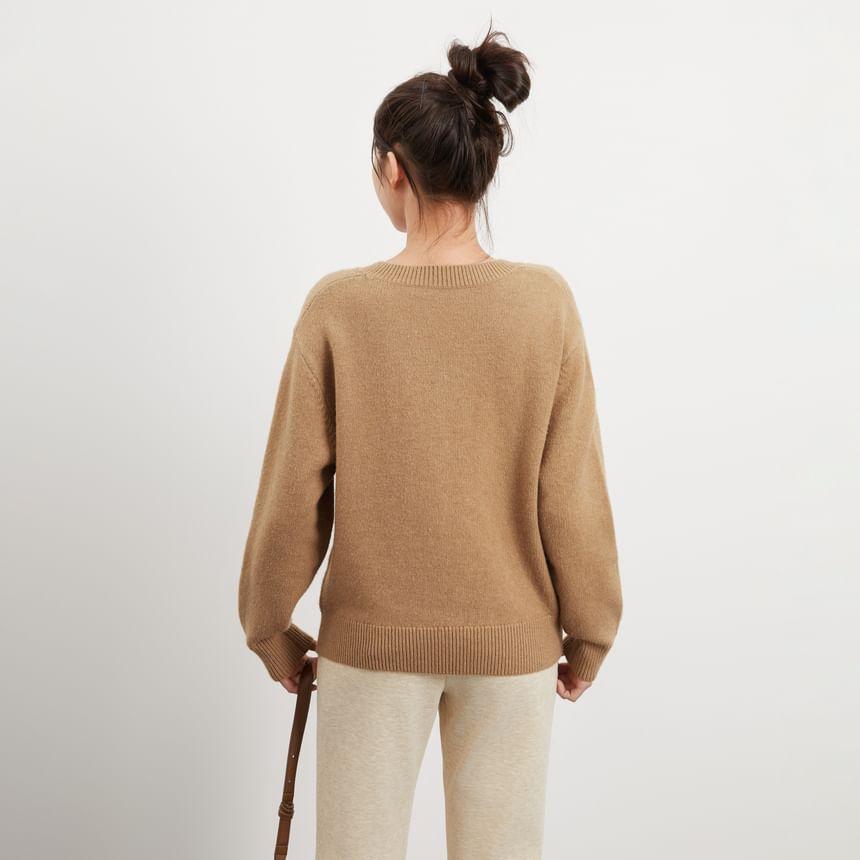 V-Neck Plain Cable Knit Sweater Product Image
