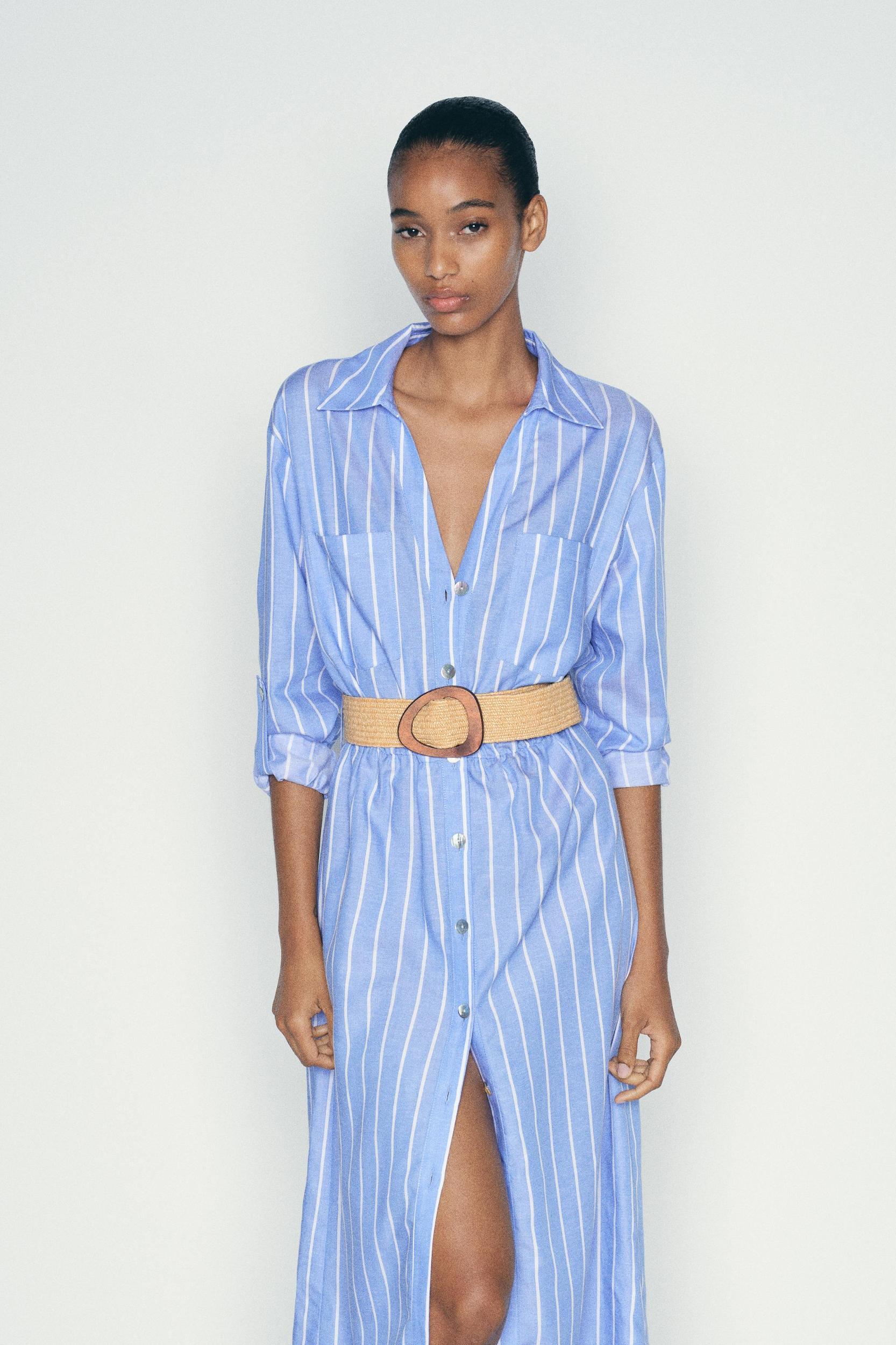 STRIPED BELTED SHIRT DRESS Product Image