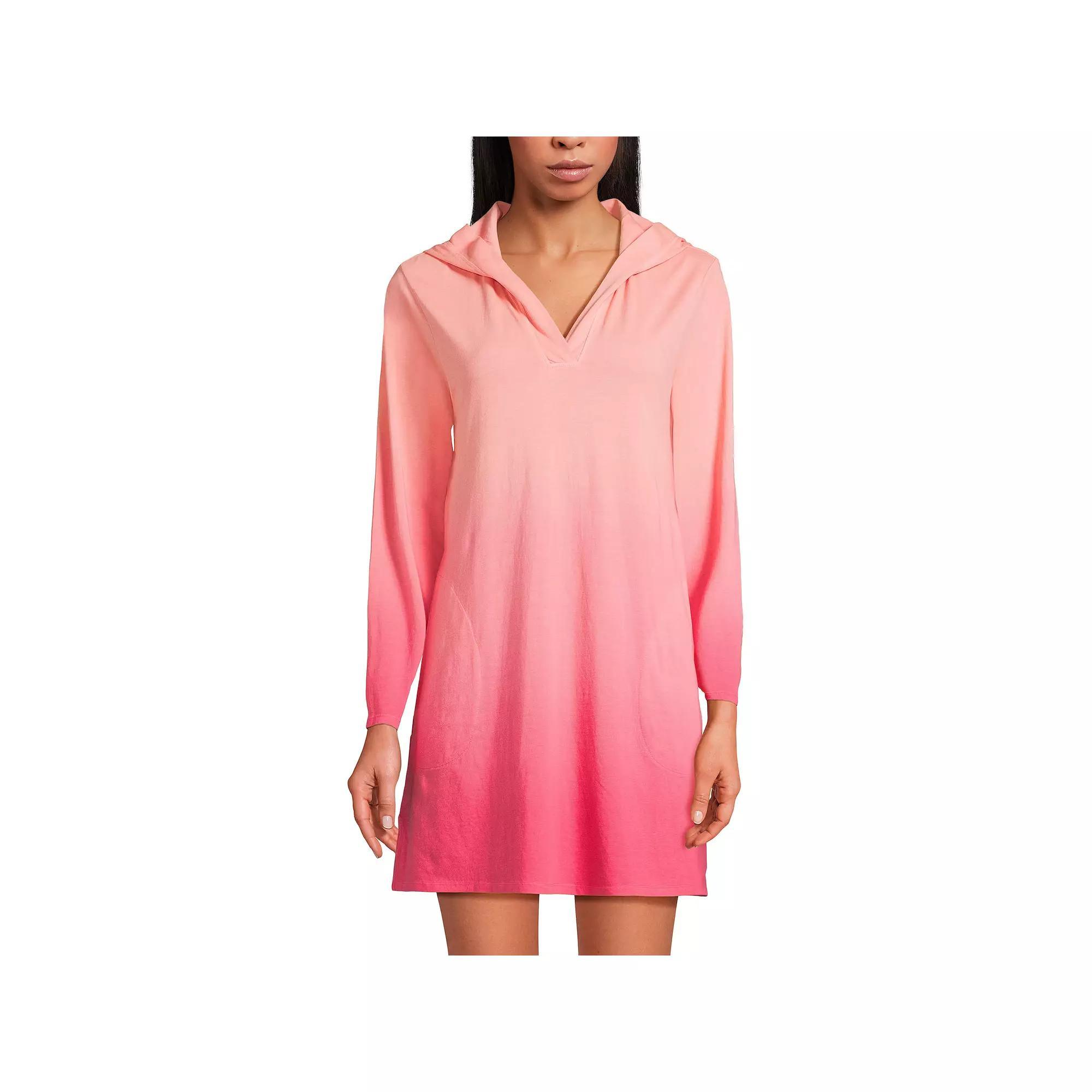 Women's Lands' End Cotton Jersey Hooded Cover-up Dress, Size: Medium, Pink Rose Ombre Product Image