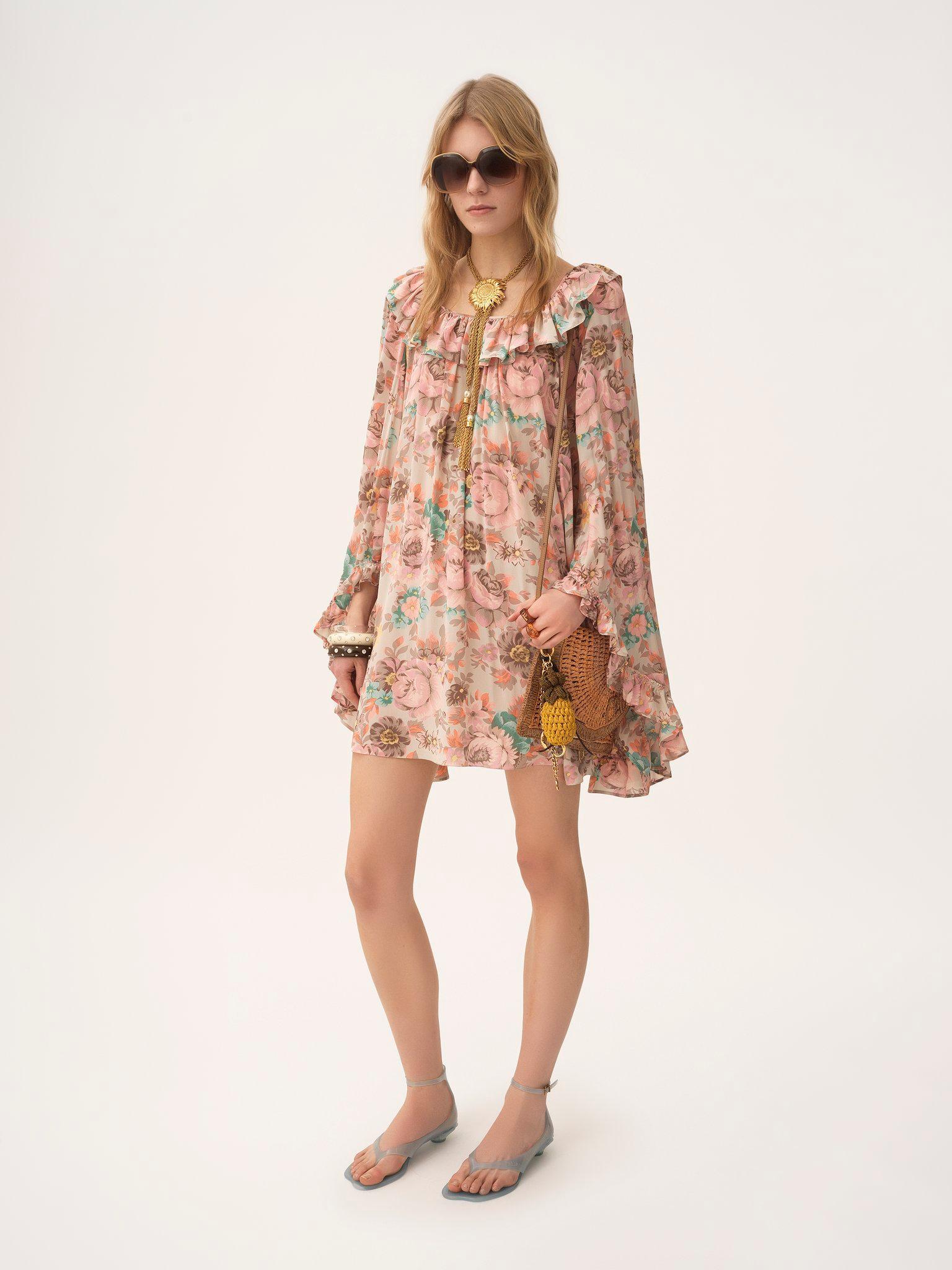 Square-neck ruffled mini dress in crêpe de chine Product Image