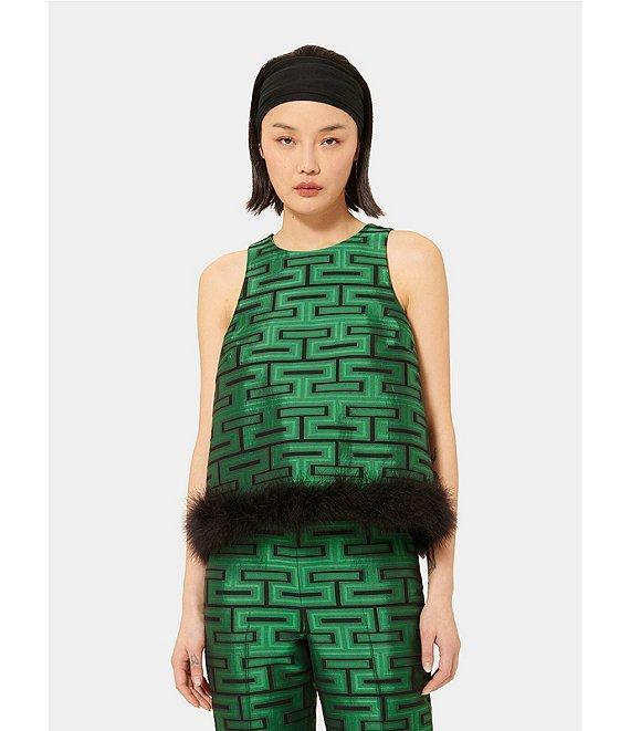 Tara Jarmon Twiggy Jacquard Graphic Print Round Neck Sleeveless Feather Hem Top Product Image