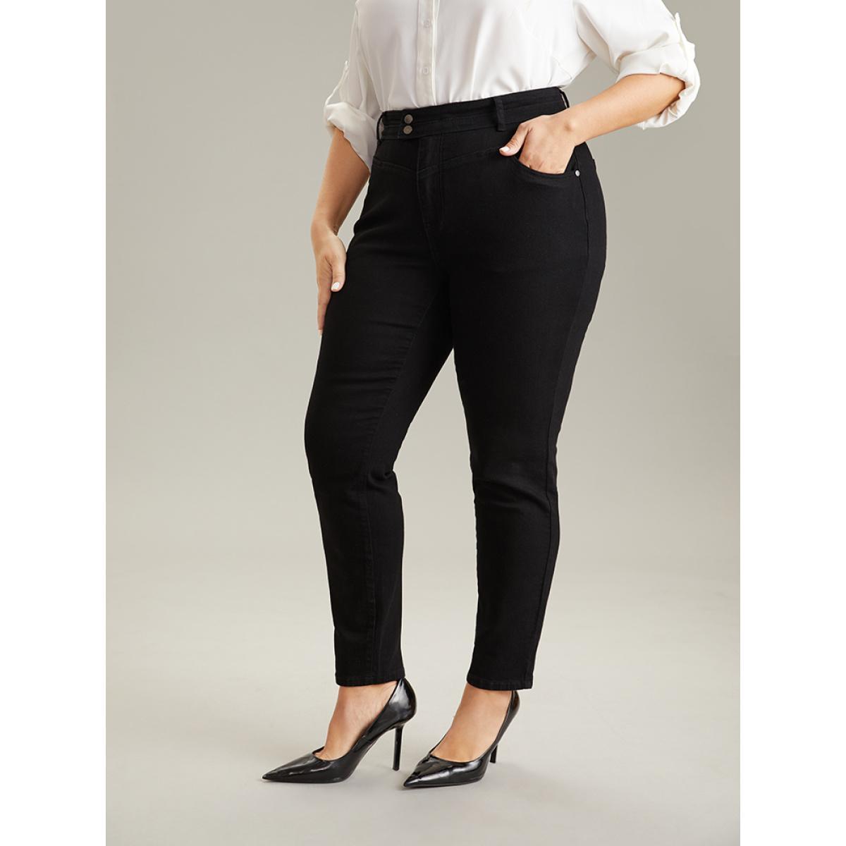 Plus Size Plain Black Wash Button Through Jeans Women Black Casual Plain Plain High stretch Pocket Jeans BloomChic 14/1X Product Image