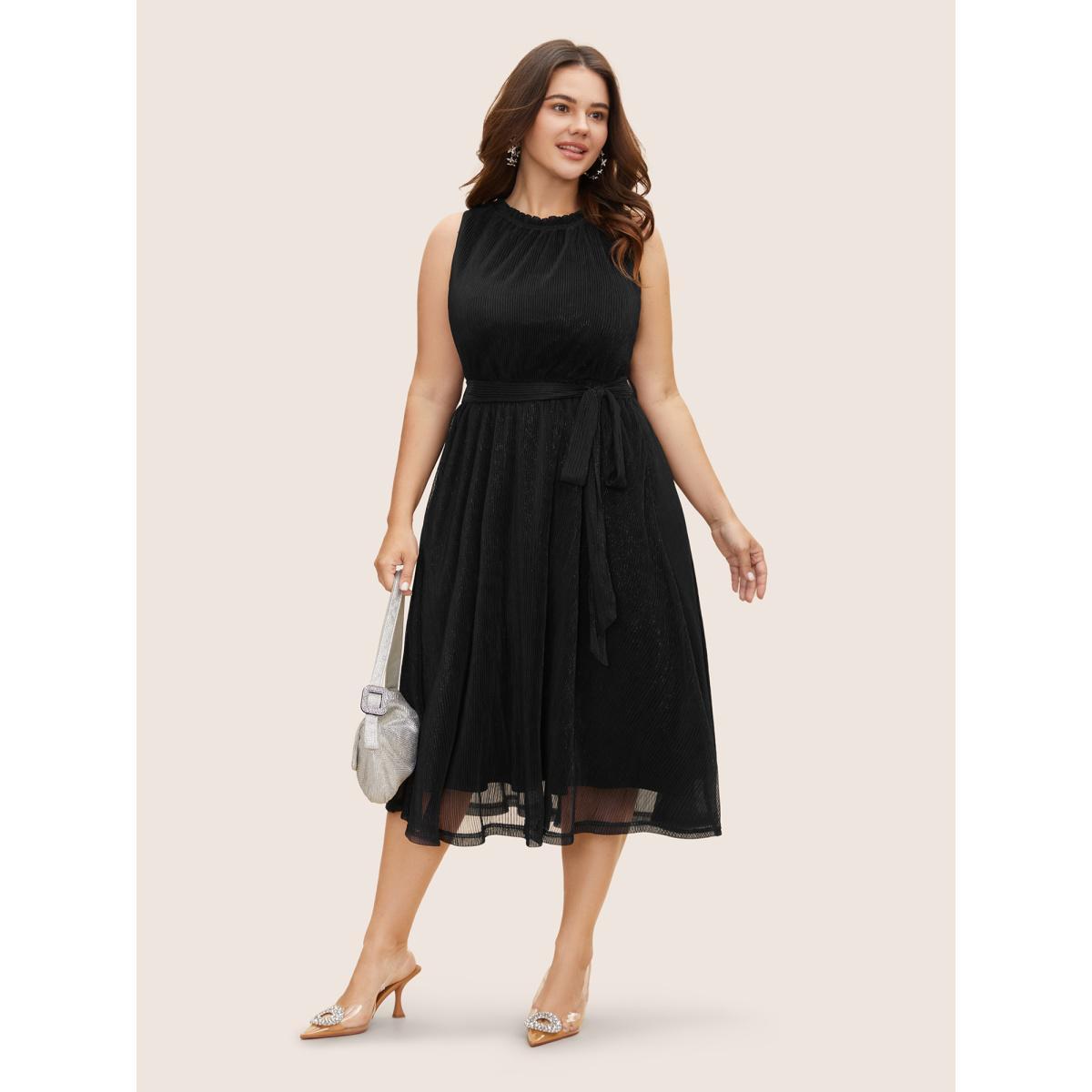 Plus Size Stand Collar Luxe Belted Tank Dress Black Women Formal Texture Stand-up collar Sleeveless Curvy BloomChic 22-24/3X Product Image