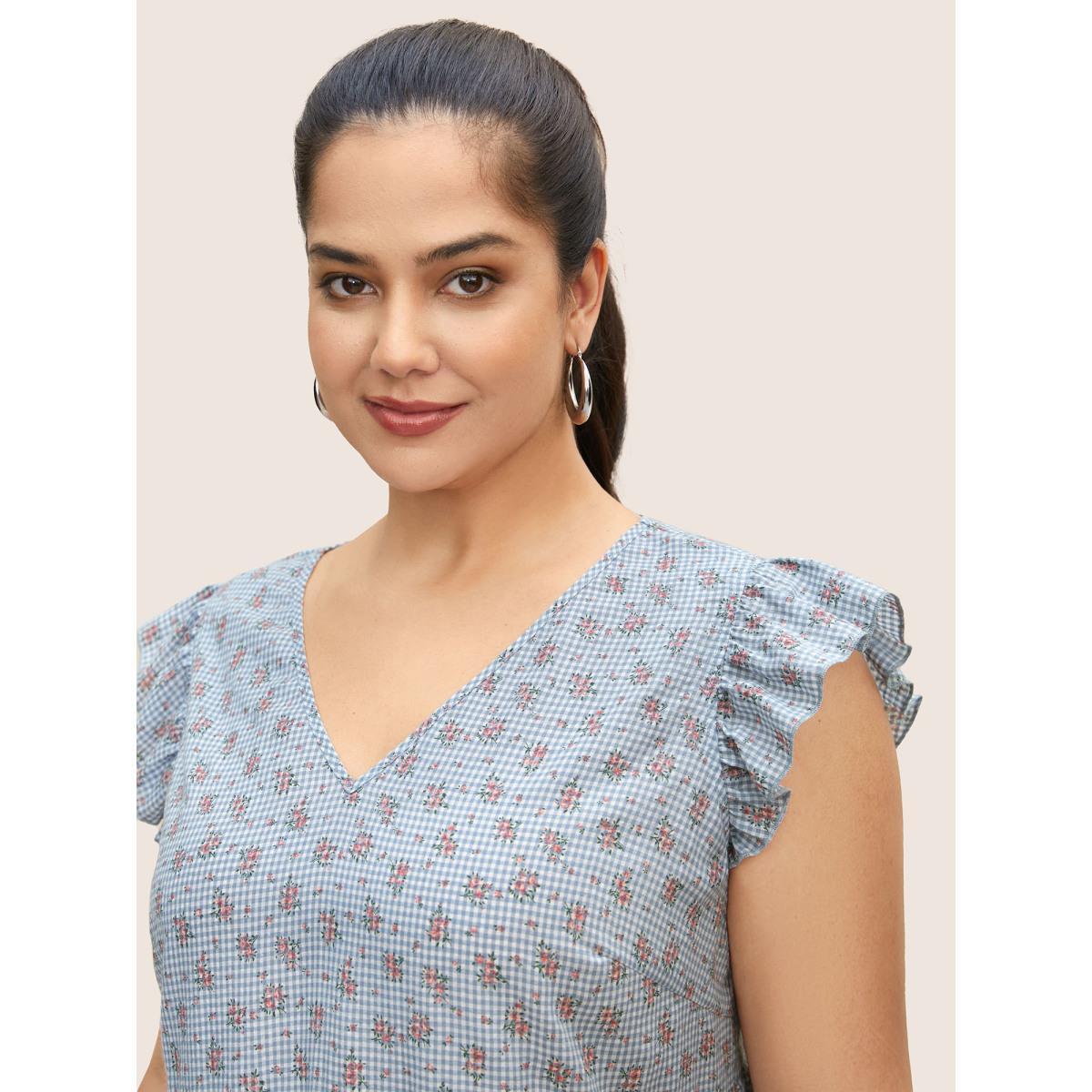 Plus Size LightBlue Gingham Ditsy Floral Ruffle Cap Sleeve Blouse Women Casual Cap Sleeve V-neck Everyday Blouses BloomChic 28/5X Product Image