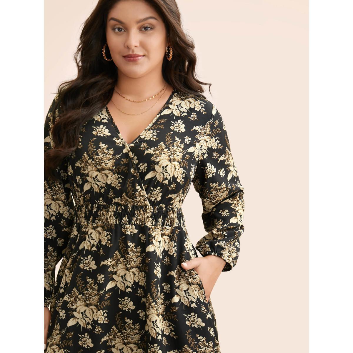 Plus Size Floral Overlap Collar Shirred Midi Dress BlackFlower Women Elegant Shirred Overlap Collar Long Sleeve Curvy BloomChic 26/4X Product Image