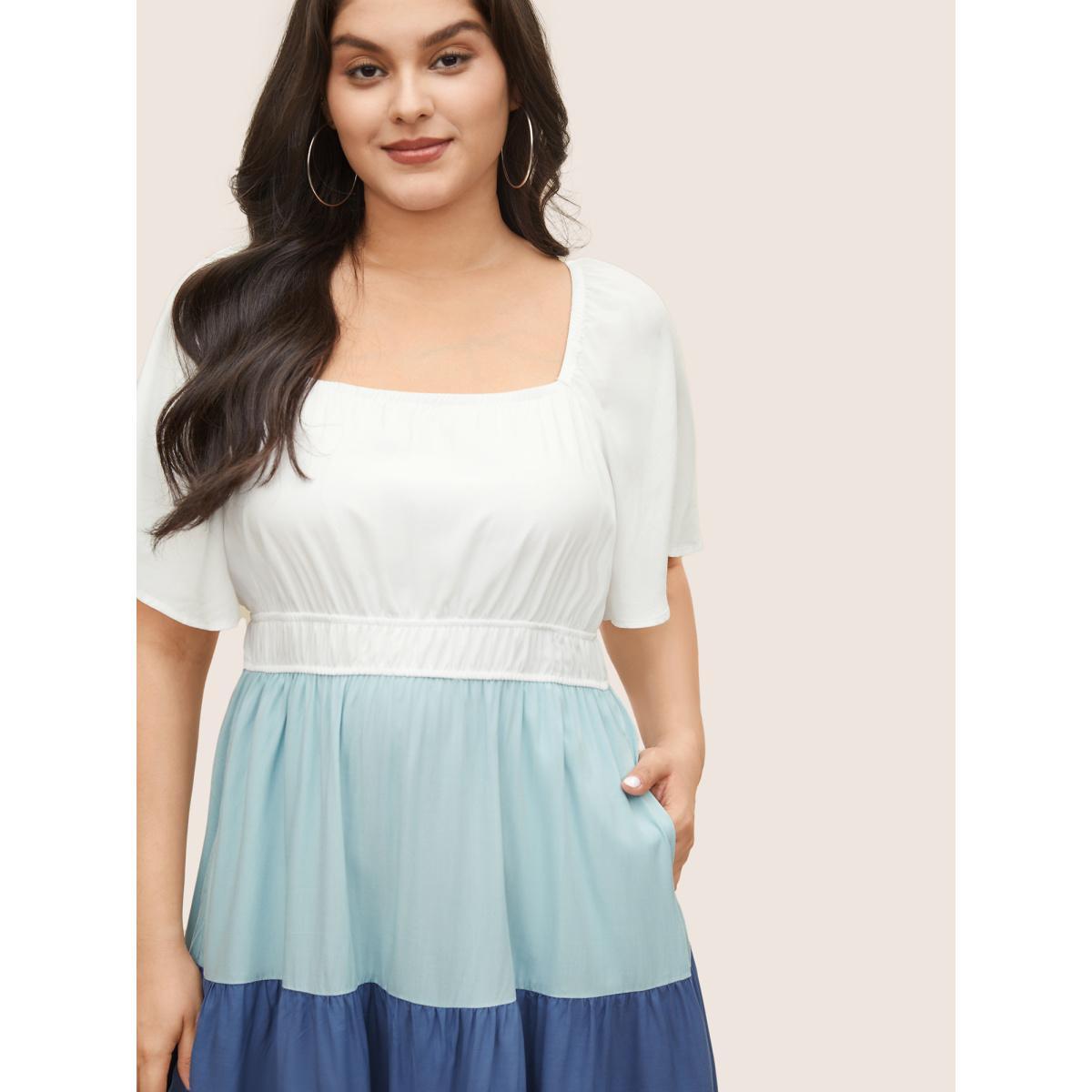 Plus Size Supersoft Essentials Colorblock Contrast Gathered Dress Multicolor Women Casual Contrast Square Neck Short sleeve Curvy Midi Dress BloomChic 30/6X Product Image