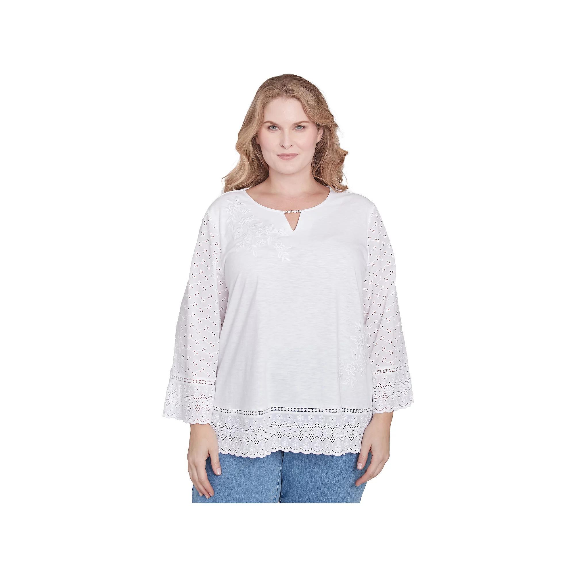 Plus Size Alfred Dunner Floral Embroidered Eyelet Trim Top, Women's, Size: 1XL, White Product Image