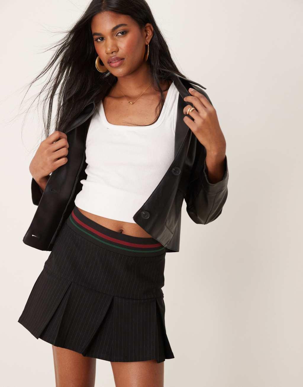 ASOS DESIGN contrast waistband pleated mini skirt in black pinstripe  Product Image