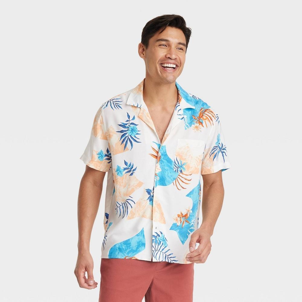 Men's Floral Print Short Sleeve Button-Down Shirt - Goodfellow & Co™ L: Botanical Poplin, Product Image