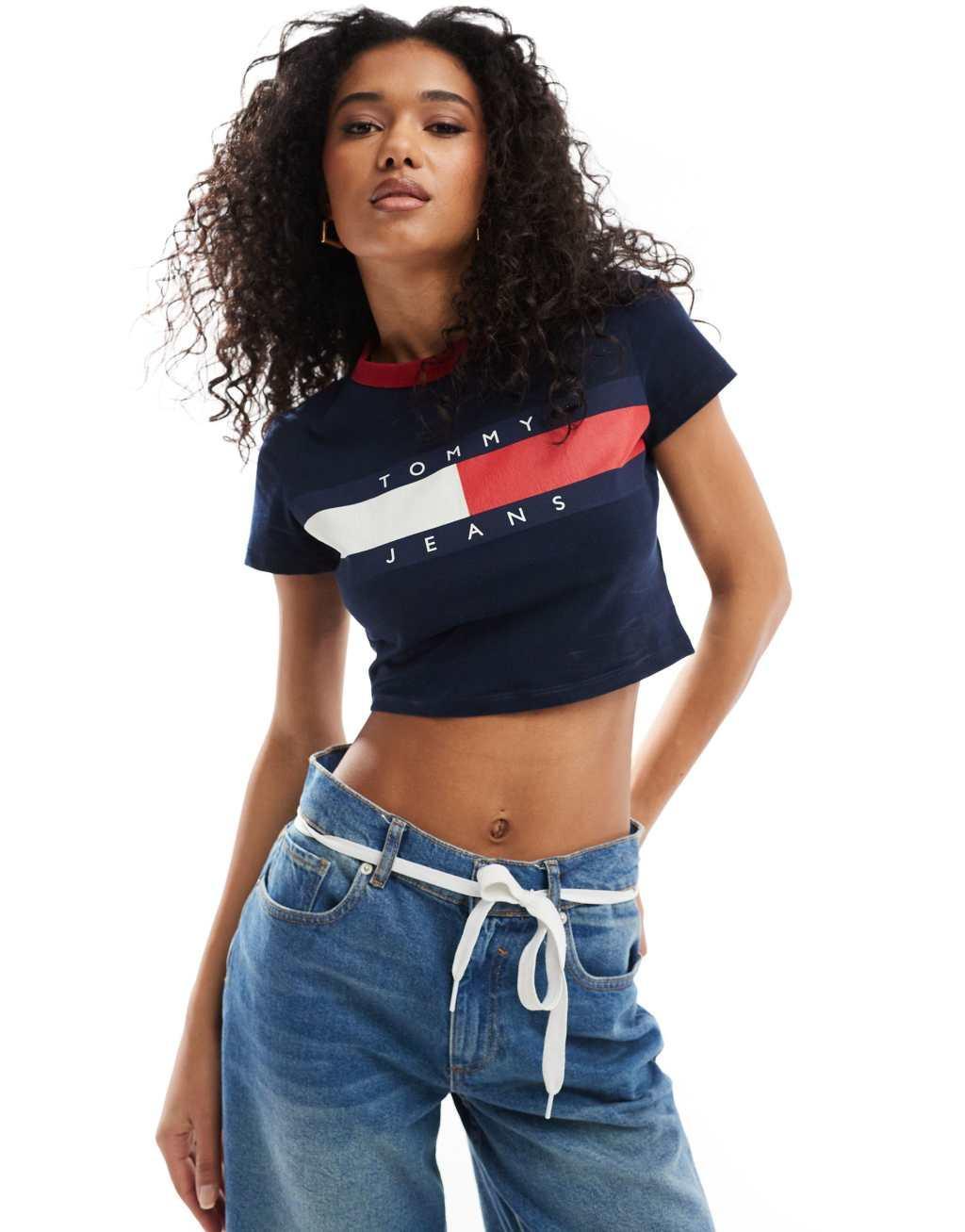 Tommy Jeans slim ringer t-shirt with block flag in navy Product Image