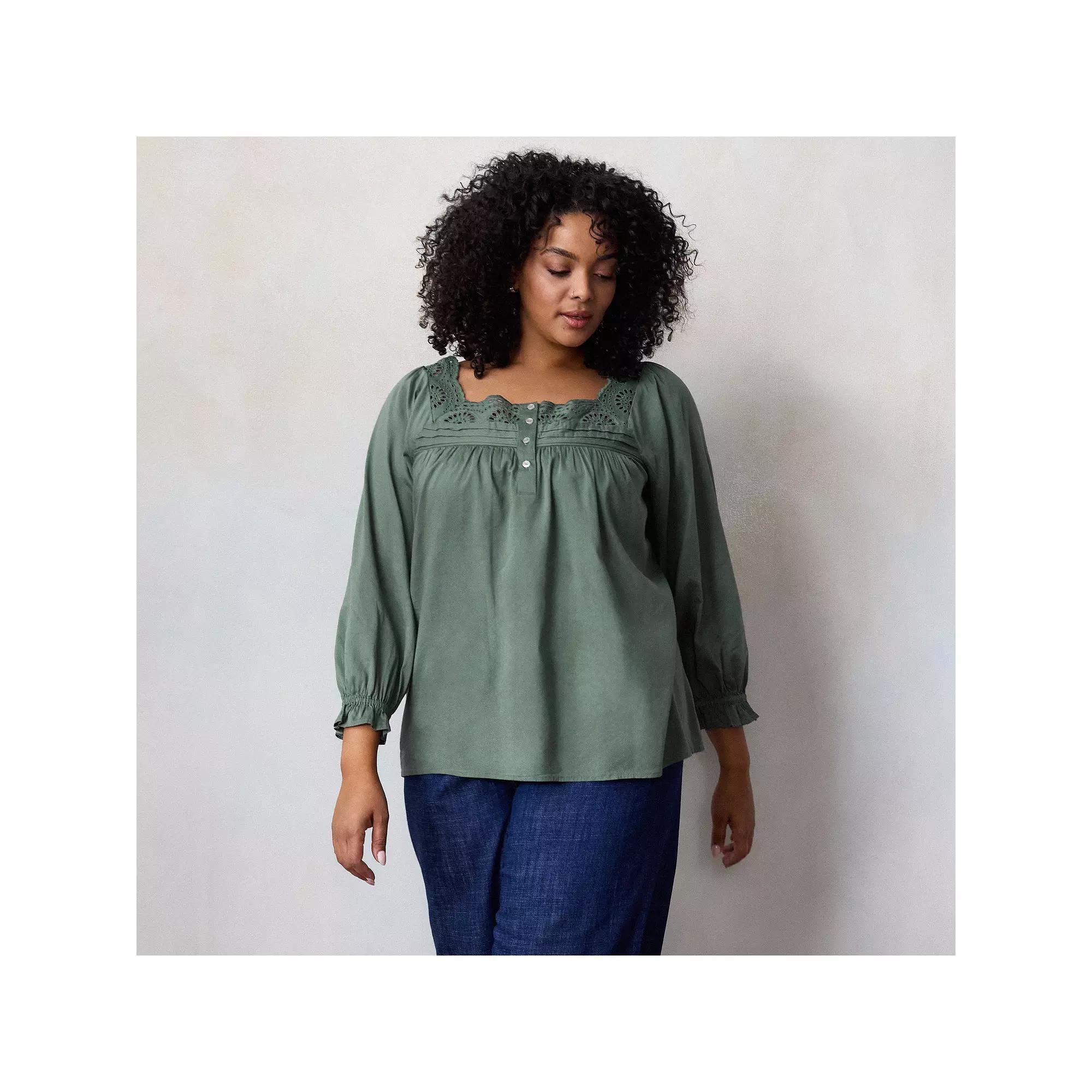 Plus Size LC Lauren Conrad Henley Square Neck Peasant Top, Women's, Size: 1XL, Young Green Product Image
