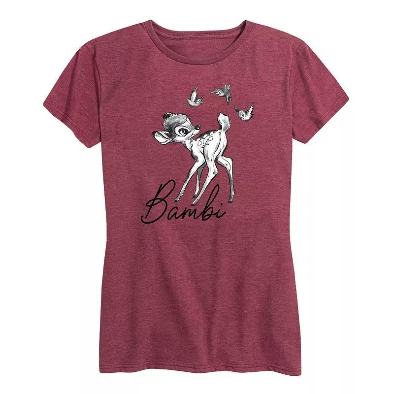 Disneys Bambi Womens Black White Watercolor Graphic Tee Grey Dark Red Product Image