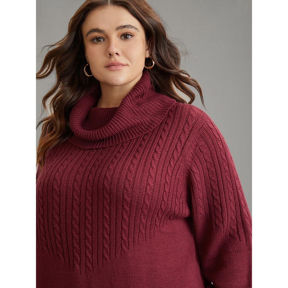 Plus Size Anti-Pilling Cable Knit Turtle Neck Patchwork Pullover Burgundy Women Casual Loose Long Sleeve Turtleneck Dailywear Pullovers BloomChic 22-24/3X Product Image