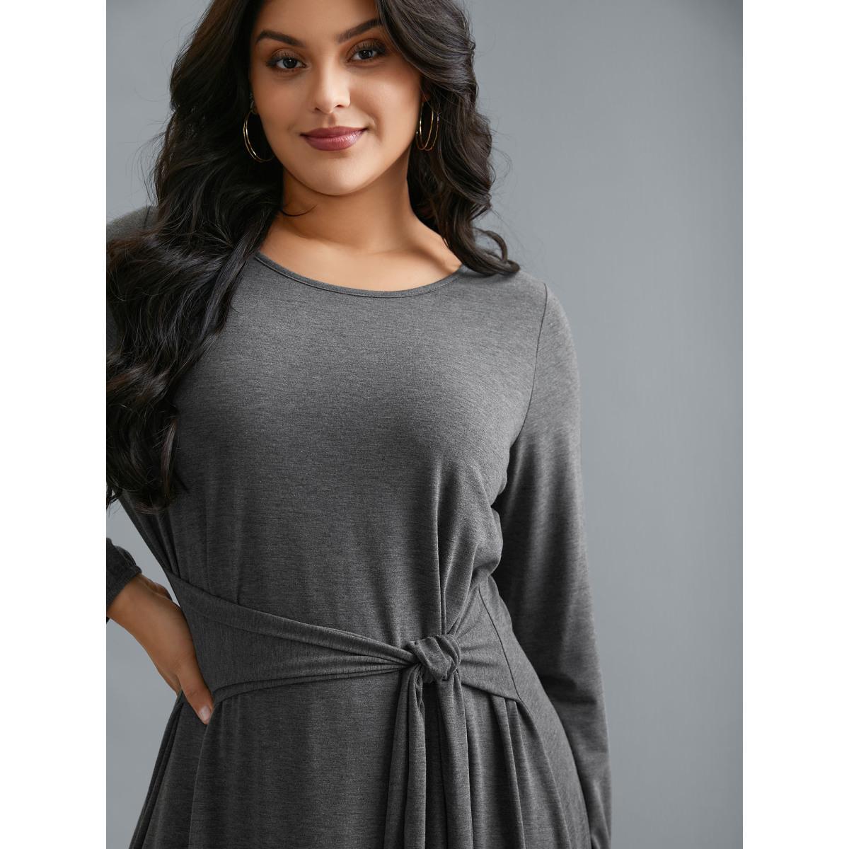 Plus Size Stretchy Waist-Tie Plain Knit Dress DimGray Women Casual Tie knot Knit Dresses Bloomchic 14-16/1X Product Image