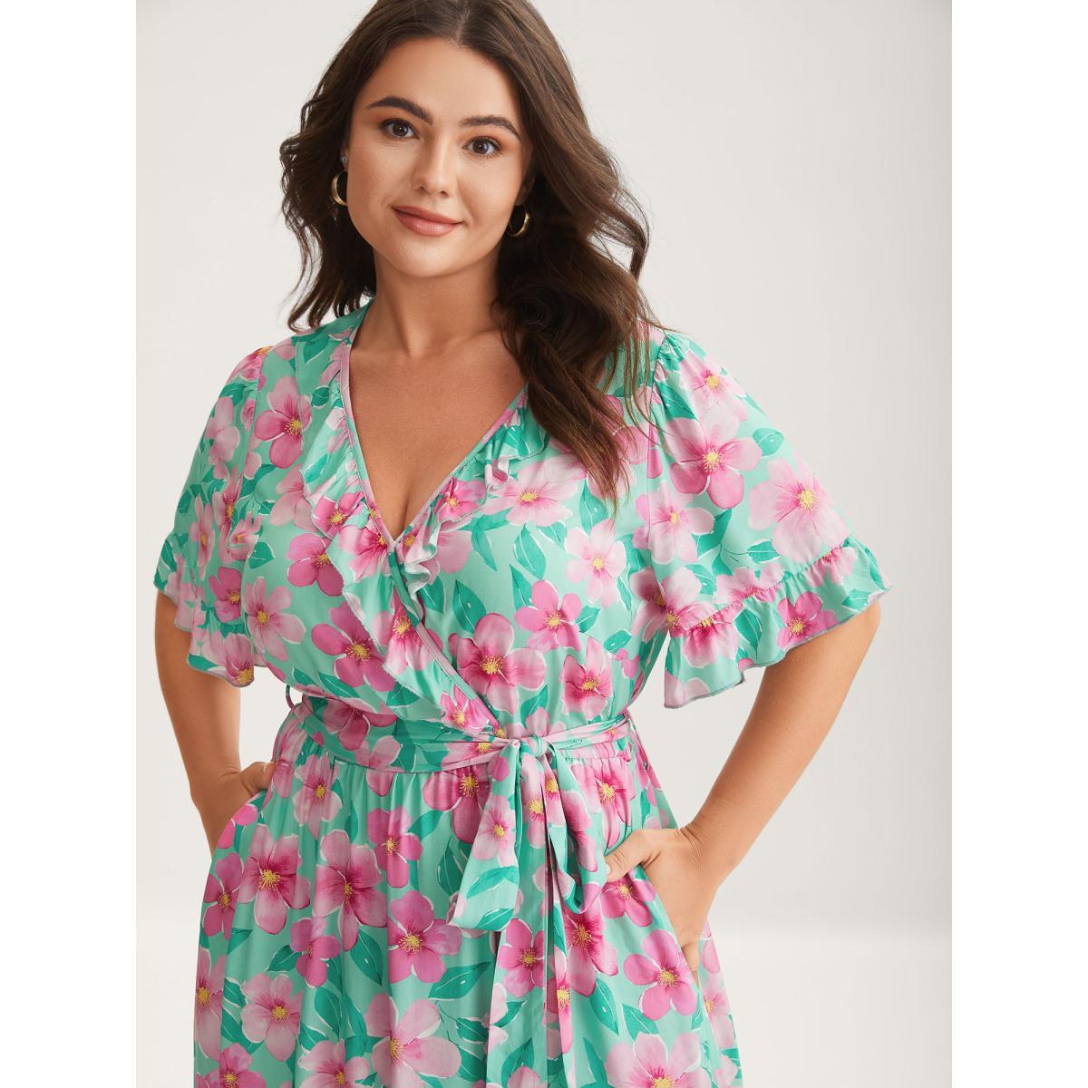 Plus Size Rayon Floral Print Pockets Midi Dress Multicolor Women Overlap Collar Short sleeve Curvy BloomChic 26/4X Product Image