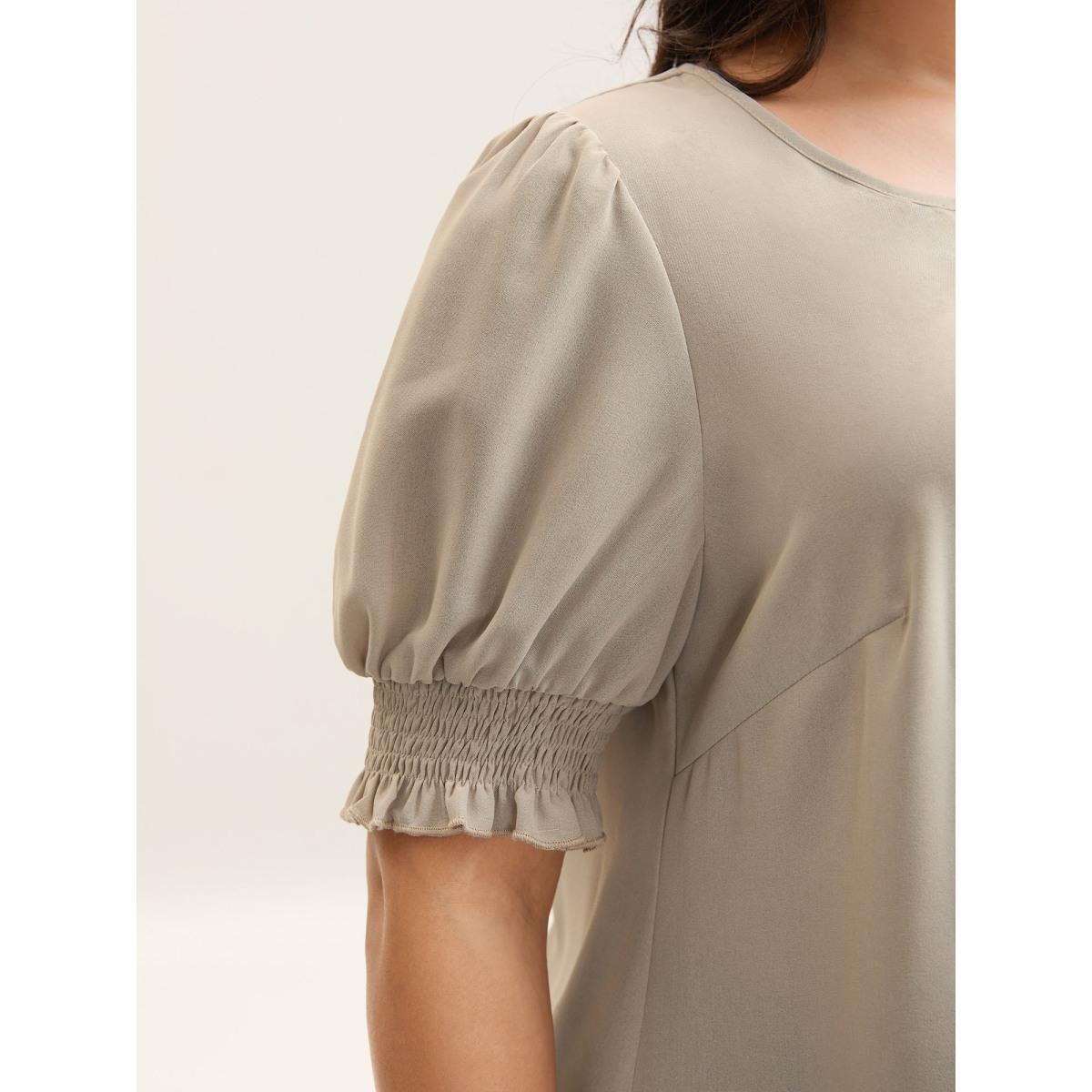 Plus Size Champagne Shirred Puff Sleeve Split Neck Shirt Women Half Sleeve Notched collar Work Blouses BloomChic 26/4X Product Image